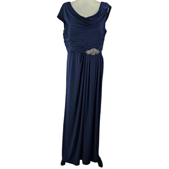 Alex Evenings Navy Blue Beaded Ruched Gown Size 16P Elegant Evening Maxi Dress - Picture 4 of 15